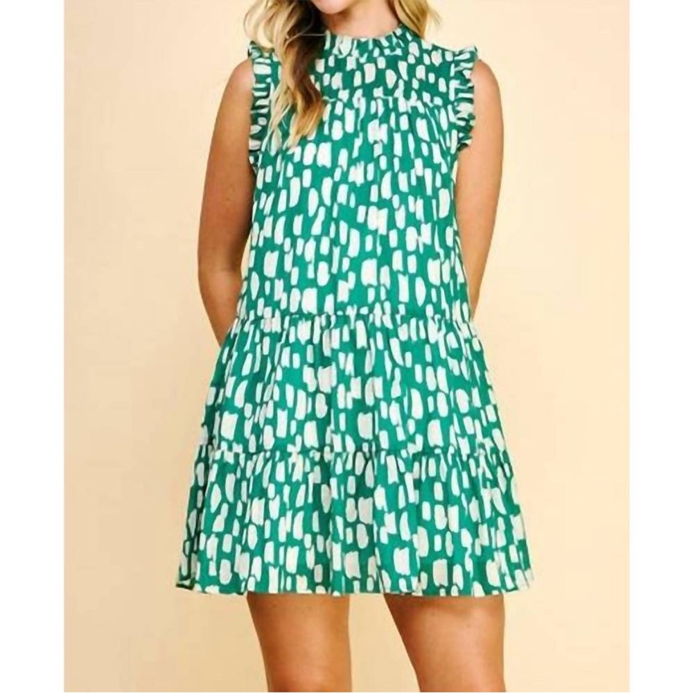 Anthropologie Pinch Sleeveless Green Printed Tiered Mini Dress Size